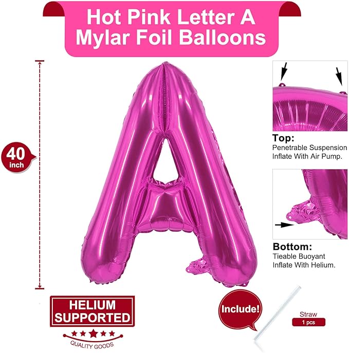 Lovoir 40 Inch Large Hot Pink Letter A Balloons Big Size Jumbo Mylar Foil Helium Balloon for Birthday Party Celebration Decorations Alphabet Hot Pink A