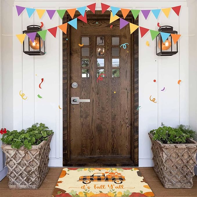 Fall Welcome Maple Leafs Decorative Door Mat, Autumn Thanksgiving Doormat for Indoor Outdoor Entrance Floor Mats,Fall Pumpkins Non Slip Harvest Vintage Decor Rubber Welcome Mats 16" x 24" Inch