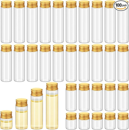 100 Pcs Small Clear Vials Spice Mini Jars with Lids Mini Glass Bottles with Screw Aluminum Metal Caps Tiny Jars Sample Containers for Powder Cream Cosmetic Jewelry Wedding (4 Size,Gold Caps)