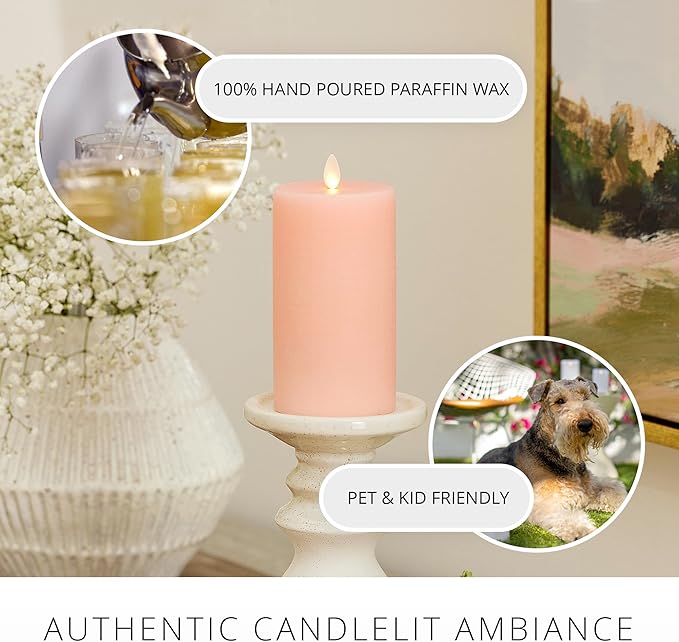 Luminara Flameless LED Battery Operated Flickering Pillar Candles, Mellow Peach Pack of 1 3" x 6.5", Realistic Moving Flame Real Wax Indoor/Outdoor
