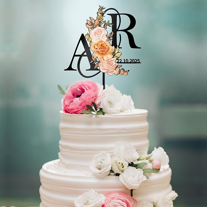 Personalized Fall Wedding Cake Topper in Acrylic Custom Bride and Groom Initial Cake Topper Wedding Date Cake Decoration (Fall Flowers)
