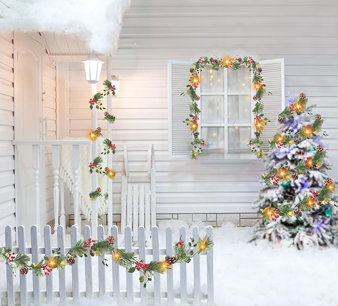 Smokey Pine Garland, Battery Operated Garland with Lights, 6FT Prelit Christmas Garland with Timer, Lighted Holly for Stairs Railing Mantle Fireplace Party Holiday