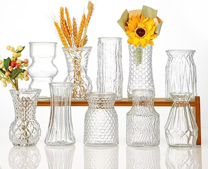 Glass Bud Vase Set of 10: Eylkoi Clear Vases for Centerpieces Decorative, Vintage Embossed in Bulk Crystal Textured Cute, Wedding Decor Mini Flower Floral Vase for Rustic Wedding, Home Table, Party