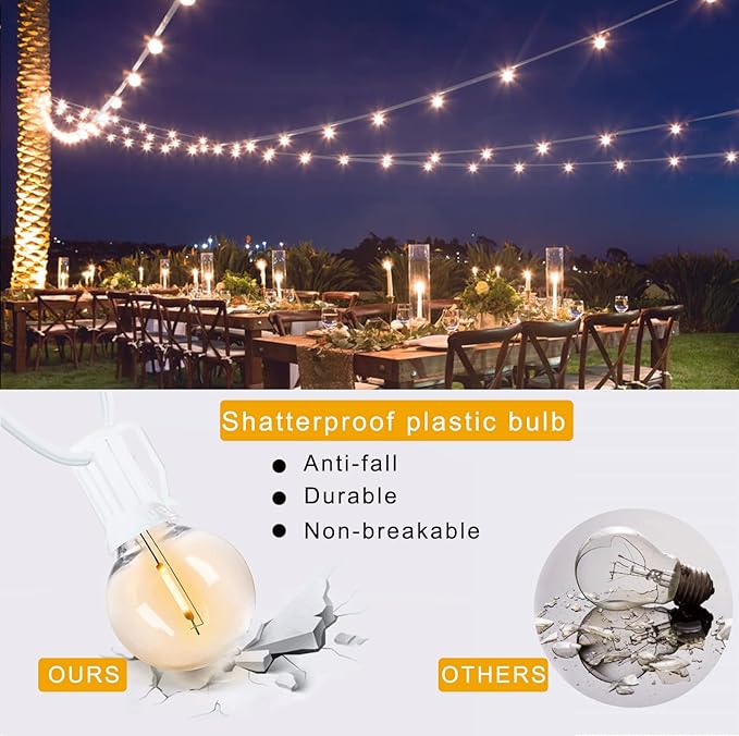 Outdoor String Lights Waterproof Patio LED 100FT G40 Globe String Lights with 53 Shatterproof Clear Bulbs(3 Extra) for Indoor/Outdoor Wedding Pergola Gazebo White String Lights