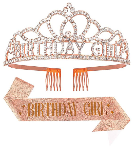 Birthday Tiara and Crown with Sash for Women, Hair Accessories for Wedding Party Costume (A1 - Rose)