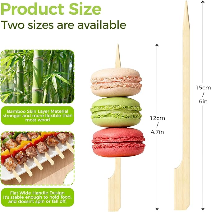 200PCS Flat Bamboo Skewers 6 Inch – Appetizer and BBQ Picks for Grilling, Cocktail Garnish, Fruit, Meat, Cheese, Snacks, Kabob Sticks for Party and Catering