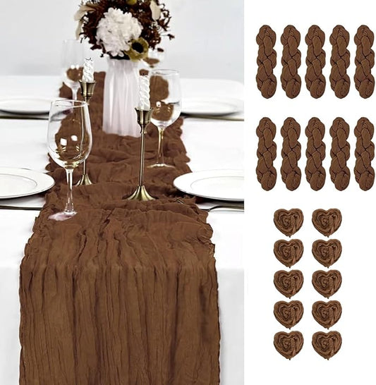 10PCS Dusty Rose Cheesecloth Table Runner 10ft Boho Gauze Fabric Cheese Cloth Table Runner Comes with 10 Cloth Napkins Runner for Romantic Wedding Birthday Shower Party Table Decoration