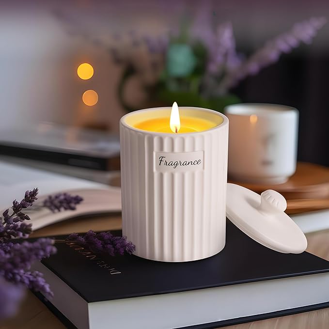 Viyffo Fall Candles– Lavender & Eucalyptus Scented Candle, 6.35oz Soy Wax in White Ceramic Jar with Gift Box, Calm & Refreshing Candle for Women, Mom & Friends, Perfect for Spa & Holiday