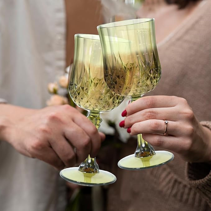 12 Pcs Plastic Green Wine Drinking Glasses, Plastic Water Goblets Green Vintage Reusable Drinkware Vintage Champagne glassware for Wedding Reception Grand Event Party, 7oz
