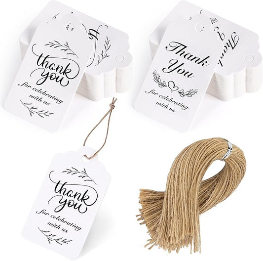 SallyFashion 100PCS Thank You Tags, 1.7 x 2.8 inch White Paper Gift Tags with Strings for Wedding Bridal Party Baby Shower Invitation