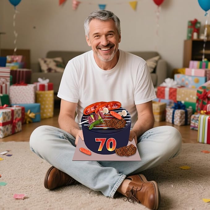 9 PCS BBQ Cake Topper Happy 70 Birthday Barbecue Decorations with Artificial Kebab and Hot Dog for Boys Girls Birthday Party Picnic Camping BBQ Theme Party Supplies