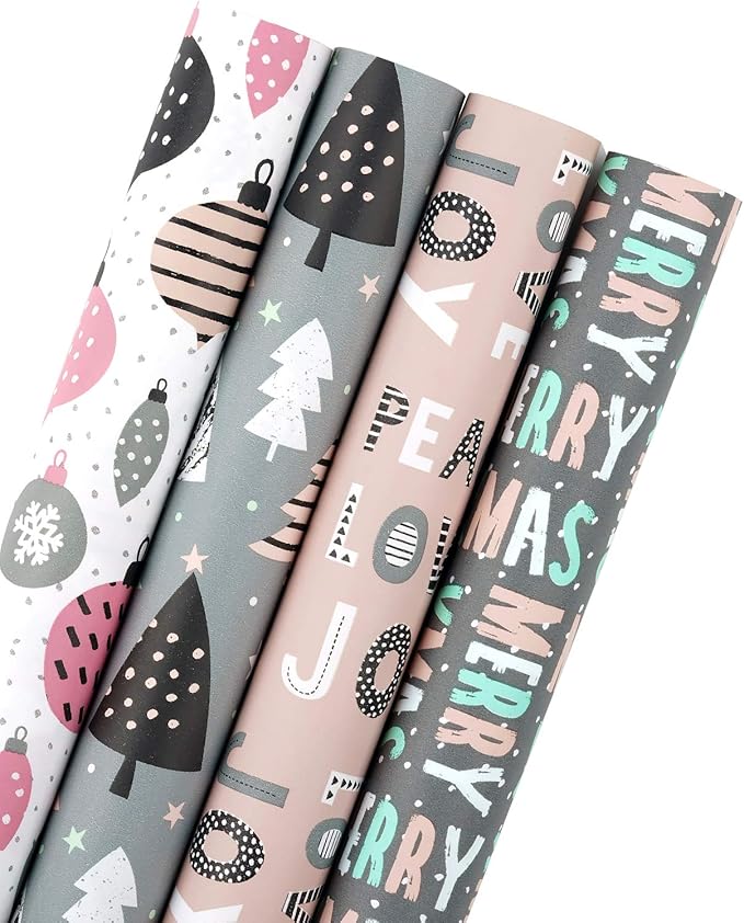 WRAPAHOLIC 30 Inch Christmas Wrapping Paper Roll - Jumbo Roll Rustic Kraft Pink and Grey Christmas Set for Holiday, Party Deco - 4 Rolls - 30 Inch x 120 Inch Per Roll