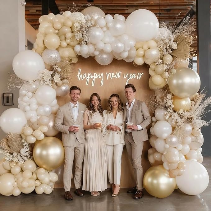 White Gold Balloon Arch Double Stuffed Pearl White Sand Cream Gold Chrome Balloon Garland Kit for Christmas New Year Birthday Baby Shower Wedding Engagement Baptism Party Decorations
