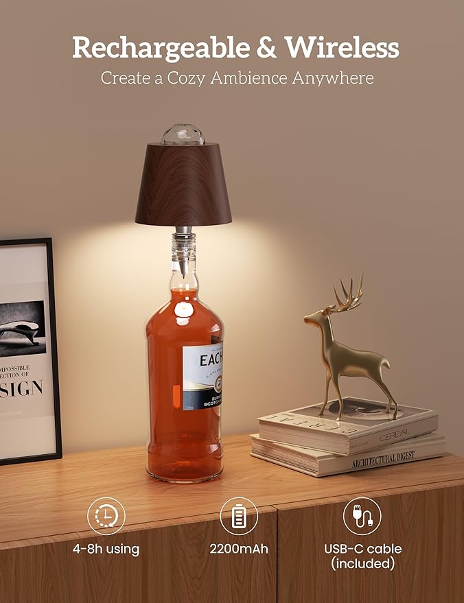 Joyzy Table Lamp Projector Lighting, Wireless Wine Bottle Lamps Rechargeable Lights Water Wave Ripple Projection Liquor Bottle Decoration Light Ambient for Bar