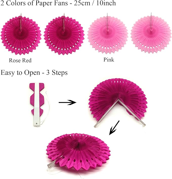 ZERODECO Party Hanging Paper Fans Set, Pink Confetti Balloons Decorative Folding Fans Paper Pompoms Triangle Bunting Flags Garlands for Wedding Birthday Baby Shower Photo Backdrop Party Decorations