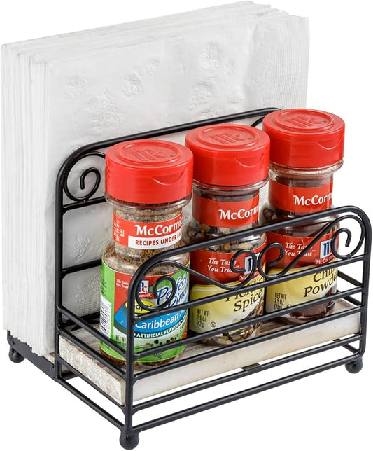 MyGift 2-in-1 Disposable Napkin and Salt & Pepper Caddy, Black Metal Vintage Scrollwork Dinner Table Paper Towel Condiment Holder with Shabby White Washed Solid Wood Base