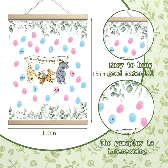 Winnie Gender Reveal Fingerprint Tree Canvas Hanging Paintings , Baby Shower Gender Reveal Decorations Fingerprint Gifts Ideas - Boy or Girl Games Party Supplies - Pooh Gender Reveal Party Decor Keepsake (12x15in）