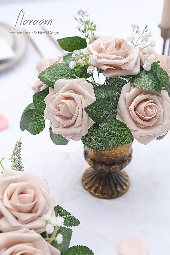 Floroom Artificial Flowers 25pcs Real Looking Nude Foam Fake Roses with Stems for DIY Wedding Bouquets Bridal Shower Centerpieces Floral Arrangements Party Tables Home Decorations