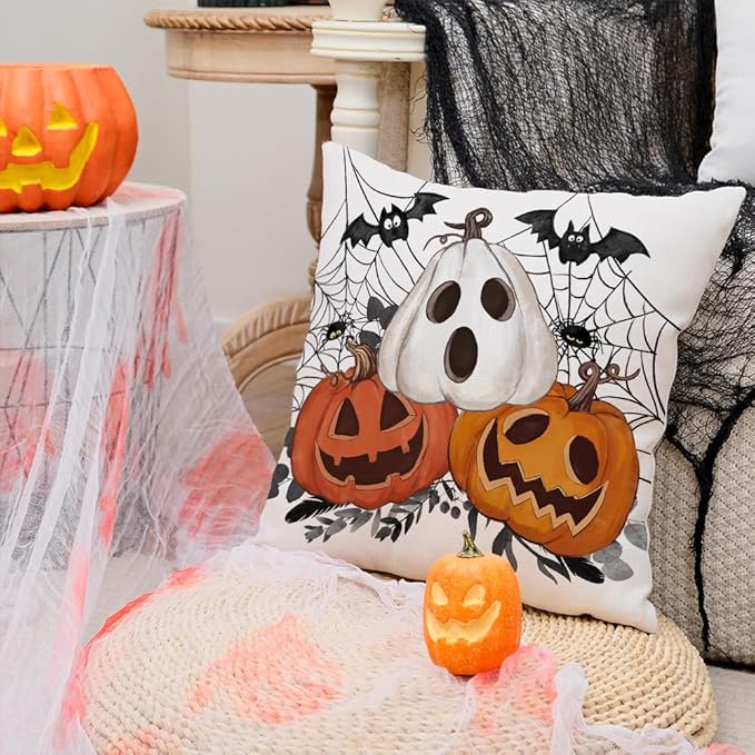 AACORS Halloween Pillow Cover 20X20 Set of 2,Pumpkin Jack-O'-Lanterns Bat Web Decoration Holiday Farmhouse Pillow Case Decor for Home Sofa Couch AA306-20-2