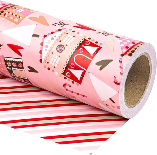 WRAPAHOLIC Reversible Christmas Wrapping Paper - Mini Roll - 17 Inch x 33 Feet - House with Christmas Tree and Candy Cane Wrapping Paper for Holiday, Party Celebration