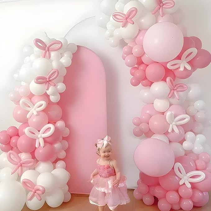 Pink Bow Balloon Arch Kit Pink and White Balloons Garland 91 Pcs Coquette Birthday Decor White Pastel Light Pink Bow Balloon for Girls Princess Bridal Baby Shower Birthday Party Decorations