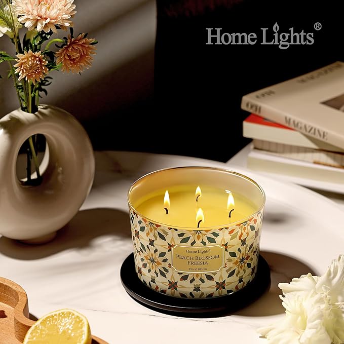 HomeLights Soy Wax Candles for Home Scented, 4-Wick Candles in Peach Blossom Freesia Scented, Aromatherapy Candles Gift for Parties, Relaxing, Bohemian Natural Textures, 18oz
