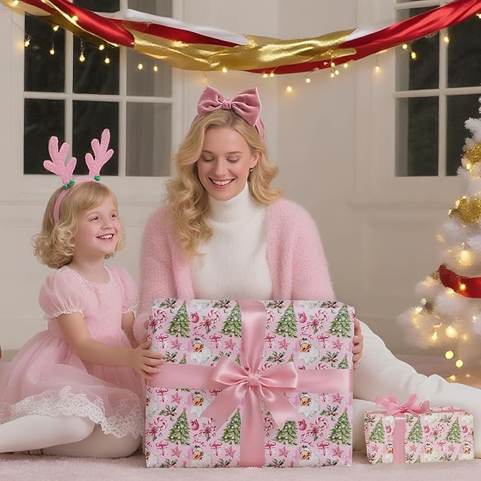 PlandRichW Pink Christmas Wrapping Paper - Vintage Watercolor Santa with Gingerbread, Candy Canes & Bows - 40×28 Inch Xmas Gift Wrap, 4 Folded Sheets for Kids & Adults