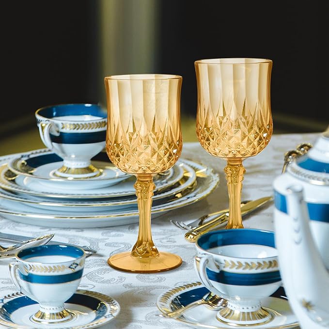 48 Pcs Plastic Amber Wine Drinking Glasses, Plastic Vintage Gold Champagne Vintage Wine Glasses, Unbreakable Goblets for Parties Wedding, Party, Red Wine Glass, Bars, Restaurants, 7Oz