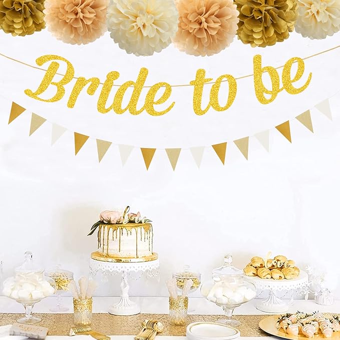 White-Gold Champagne Bridal-Shower Party Decorations - 27pcs Tissue Pom Poms Streamers,Bride to Be Banner,Bachelorette Tassel Garland Decor Panduola