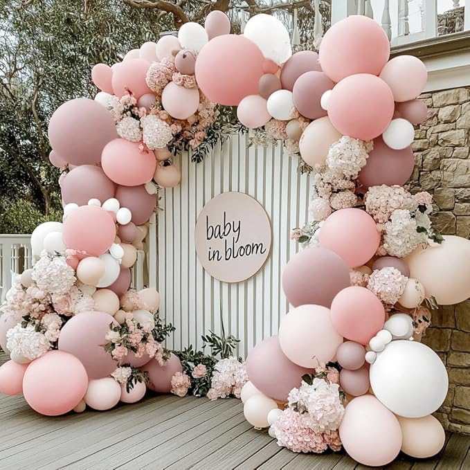 Pastel Pink White Balloon Arch - Double Stuffed Light Pink Beige Cream Balloon Garland Kit Boho Dusty Blush Balloons for Baby In Bloom Baby Shower Bridal Birthday Wedding Party Decor