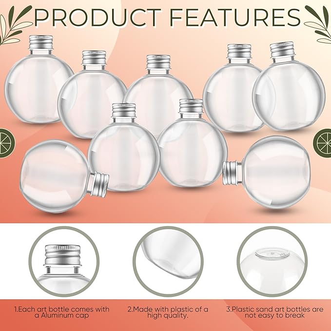 Jinei 30 Pcs 6 oz Ball Shape Plastic Sand Art Bottles Spherical Clear Plastic Potion Bottles Christmas Cocktail Ornament Balls for DIY Wedding Party Gift Crafts Decoration (Silver,Aluminum Cap)