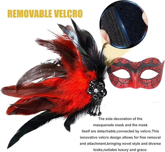 Masquerade Mask for Women Shiny Venetian Mask for Halloween Mardi Gras Costume Party Ball with Feather flower dec.