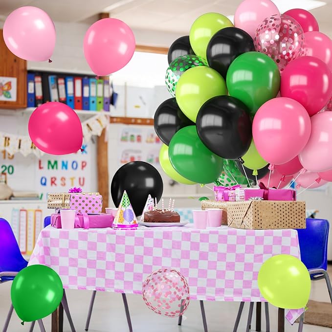 Pink Green and Black Balloons,12 Inch Hot Light Pink Dark Green Black with Confetti Balloon for Birthday Baby Shower Princess Witch Party Decorations