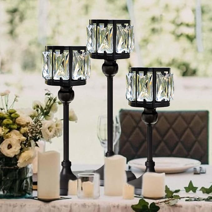 Set of 3 Cup Crystal Tealight Candle Holders, Centerpieces for Table Wedding Centerpieces Crystal Decorative Tealight Candle Dining Table Candle Holder Decor for Party (Set of 12 (3 Sizes), Black)
