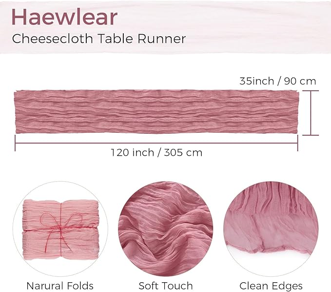 12 Pack Boho Gauze Table Runner - 10Ft Long Rustic Sheer Cheesecloth for Wedding, Bridal, Baby Shower, Birthday Party, Cake Table, Arbor Decorations (Dusty Rose)