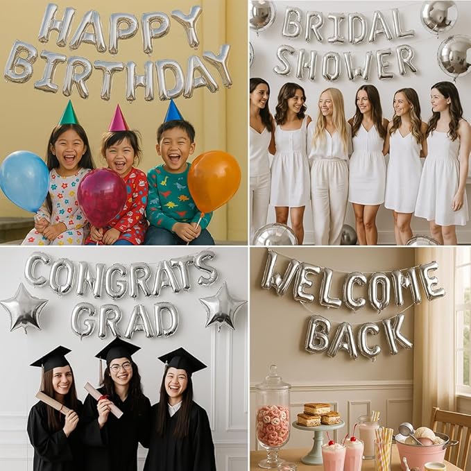 [52pcs] Silver Letter Balloons - 2 Full A-Z Sets For Silver Letter Balloon Banner | Alphabet Ballons | 16 inch Foil Ballon | Customized Name Balloon Letters for a Birthday, Graduation, Wedding