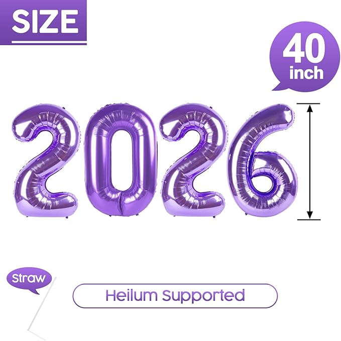2026 Balloon - Purple Birthday Number Balloons, 40 Inch Large Foil Balloons for Men Women Boys Girls Purple Themed Birthday Decorations，Number 2026 Balloon