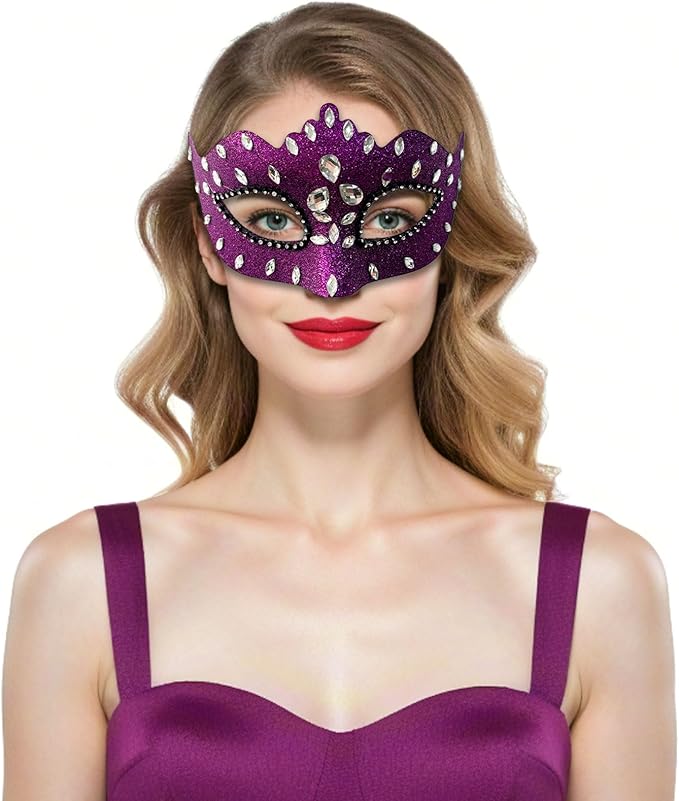 Masquerade Mask with Diamond Inlaid, Venetian Ball Crown Face Masks, Powder Coated Frosted Mask for Party Props