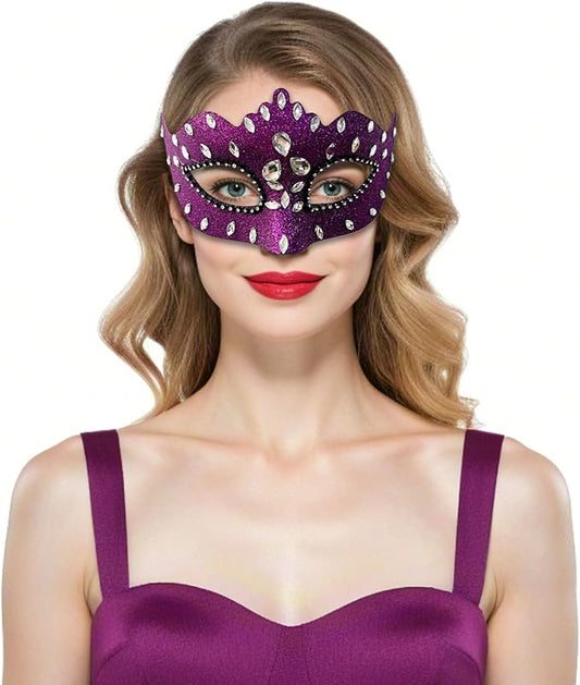 Masquerade Mask with Diamond Inlaid, Venetian Ball Crown Face Masks, Powder Coated Frosted Mask for Party Props