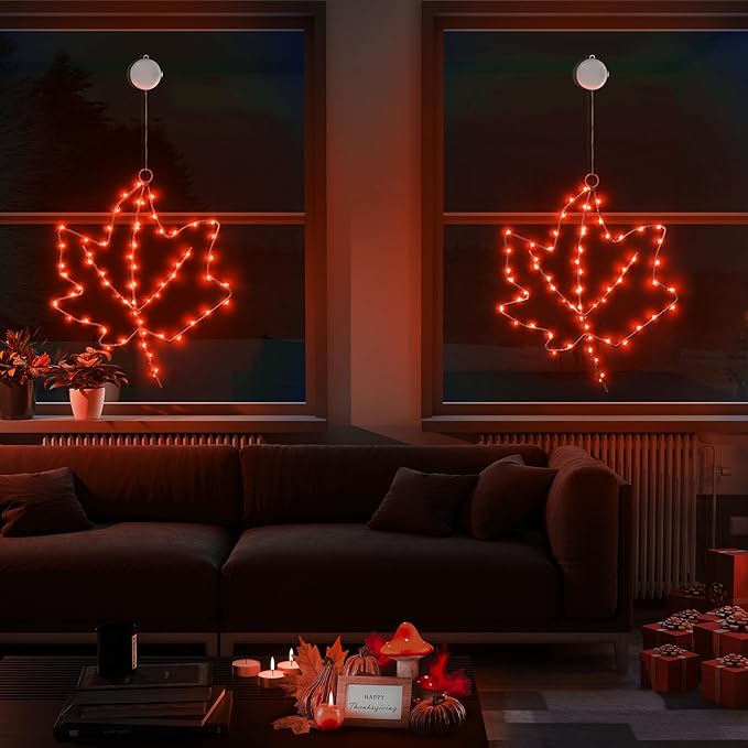 BlcTec Thanksgiving Window Lights 2 Pack 10Inch Maple Leaves Lights with Suction Cups, Timer, Battery Operated Metal Frame Window Lights for Fall Harvest Thanksgiving Decorations, Red
