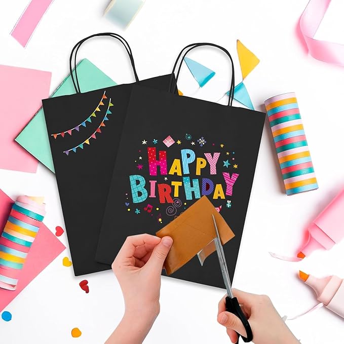 MESHA Gift Paper Bags 500 PACK 8x4.25x10.5 Inch Black Medium Shopping Kraft Bags Bulk with Handles Reusable for Business,Grocery,Birthday,Wedding,Kids Party,Favors