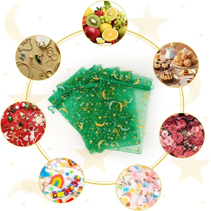 Moon Star Organza Bags 4x6 Small Mesh Bag Drawstring 50 Pcs Mesh Gift Bags Drawstring Pouch Wedding Favor Bags Jewelry Pouches Bulk Gift Pouch for Candy Soaps Birthday Festival Party Supplies, Green