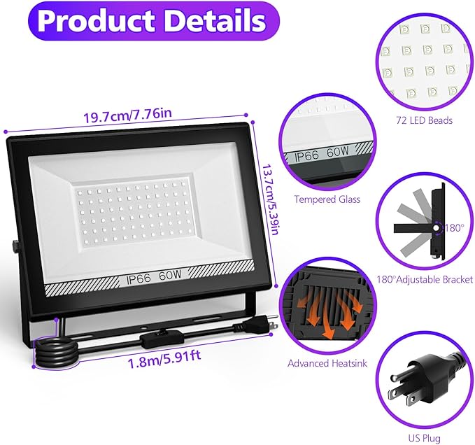 T-SUN 60W LED Black Lights, Blacklight Flood Lights with Plug, IP66 Waterproof Black Light for Glow Party, Halloween Decorations, Fluorescent Poster, Body Paint, Bedroom, Neon Glow, Aquarium