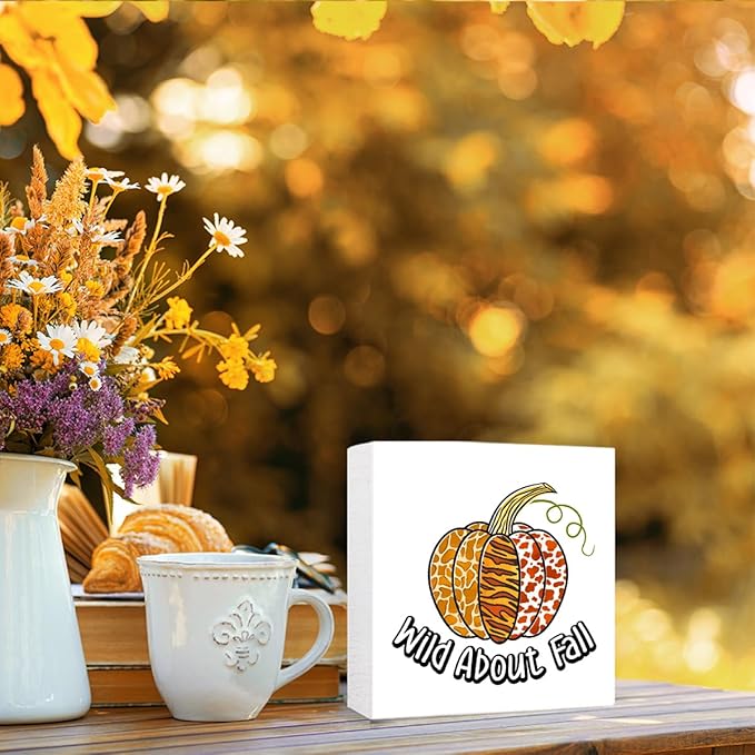 Funny Autumn Pumpkin Wood Box Sign Whild About Fall Wooden Block Desk Decor for Home Office Kitchen Cubicle Table Shelf Tabletop,Farmhouse Fall Sign Decor