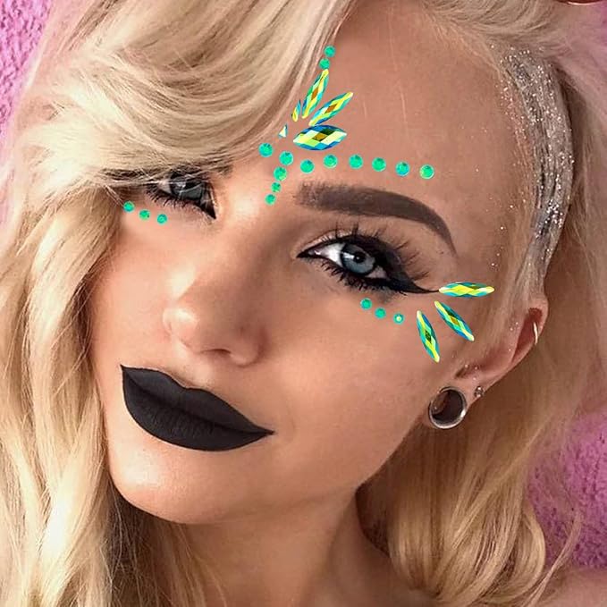 Mermaid Face Gems Stick Jewels for Women Cosplay Mermaid Alien Halloween Rave Party Makeup for Kids Green Hair Eye Body Gems Jewels Stickers Temporary Tattoos Festival Decor (Green)