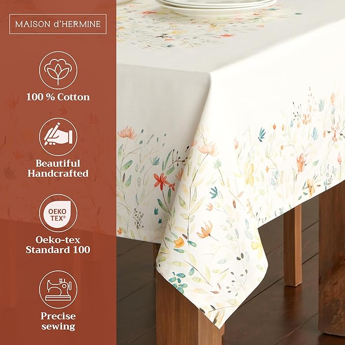 Maison d' Hermine Table Cloth Rectangle Table 100% Cotton 60 x 60 Inches Tablecloth Reusable Decorative Everyday Use for Dining Room, Farmhouse, Home, Party, Festive & Wedding Spring Summer - Colmar