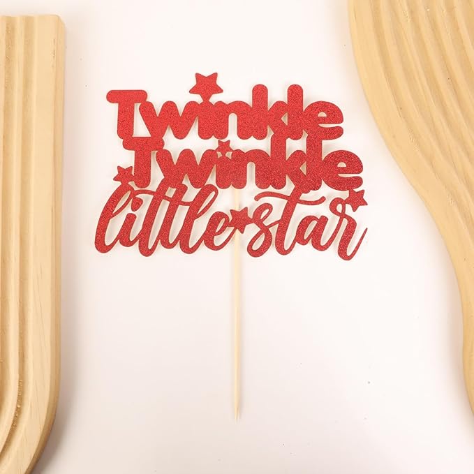 Twinkle Twinkle Little Star Cake Topper - Glitter Red Baby Shower Party Cake Decoration, Perfect for Gender Reveal Party, 1st birthday Party or Photo Booth Props (Red)
