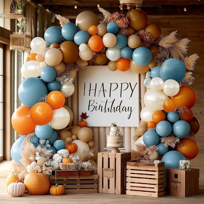 Dusty Blue Orange Balloon Garland Double Stuffed Burnt Orange Brown Pearl White Sand Balloons Nude Tan Balloon Arch Kit for Thanksgiving Fall Baby Shower Bridal Shower Birthday Party Decorations