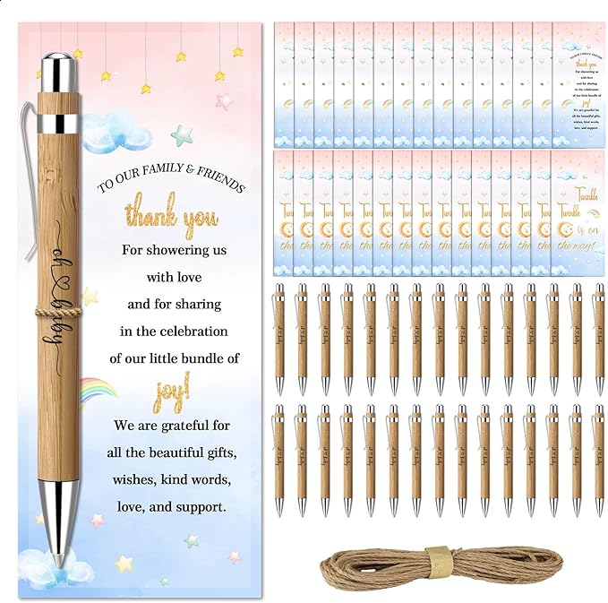 Toerifer 30 Pcs Baby Shower Gifts for Guests, Thank You Gift Sets, Included Bamboo Pens Greeting Cards, Gender Reveal Souvenirs Prizes, Twinkle Twinkle Little Star Baby Shower Decorations