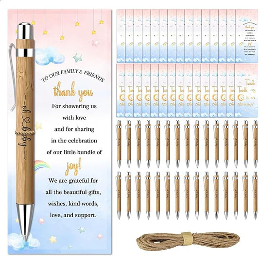 Toerifer 30 Pcs Baby Shower Gifts for Guests, Thank You Gift Sets, Included Bamboo Pens Greeting Cards, Gender Reveal Souvenirs Prizes, Twinkle Twinkle Little Star Baby Shower Decorations